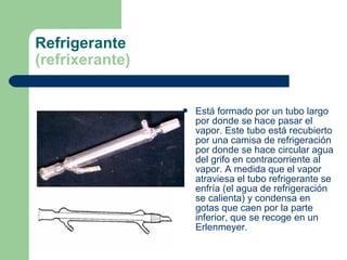 Refrigerante
(refrixerante)



Está formado por un tubo largo
por donde se hace pasar el
vapor. Este tubo está recubierto
por una camisa de refrigeración
por donde se hace circular agua
del grifo en contracorriente al
vapor. A medida que el vapor
atraviesa el tubo refrigerante se
enfría (el agua de refrigeración
se calienta) y condensa en
gotas que caen por la parte
inferior, que se recoge en un
Erlenmeyer.

 
