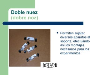 Doble nuez
(dobre noz)


Permiten sujetar
diversos aparatos al
soporte, efectuando
así los montajes
necesarios para los
experimentos

 