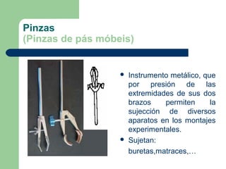 Pinzas
(Pinzas de pás móbeis)





Instrumento metálico, que
por presión de las
extremidades de sus dos
brazos
permiten
la
sujección de diversos
aparatos en los montajes
experimentales.
Sujetan:
buretas,matraces,…

 