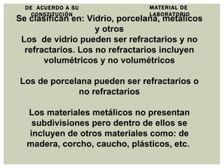 MATERIAL DE LABORATORIO DE  ACUERDO A SU CONSTITUCIÓN Se clasifican en: Vidrio, porcelana, metálicos y otros Los  de vidrio pueden ser refractarios y no refractarios. Los no refractarios incluyen volumétricos y no volumétricos Los de porcelana pueden ser refractarios o no refractarios Los materiales metálicos no presentan subdivisiones pero dentro de ellos se incluyen de otros materiales como: de madera, corcho, caucho, plásticos, etc.  