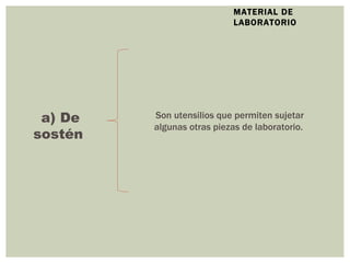 MATERIAL DE LABORATORIO a) De sostén  Son utensilios que permiten sujetar algunas otras piezas de laboratorio.  