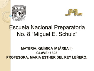 Escuela Nacional Preparatoria No. 8 “Miguel E. Schulz” MATERIA: QUÍMICA IV (ÁREA II) CLAVE: 1622 PROFESORA: MARIA ESTHER DEL REY LEÑERO. 