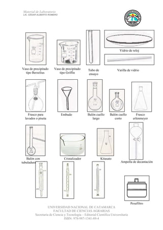 Material de Laboratorio
LIC. CÉSAR ALBERTO ROMERO
UNIVERSIDAD NACIONAL DE CATAMARCA
FACULTAD DE CIENCIAS AGRARIAS
Secretaría de Ciencia y Tecnología – Editorial Científica Universitaria
ISBN: 978-987-1341-89-4
7Pesafiltro
Ampolla de decantación
KitasatoCristalizadorBalón con
tubuladura lateral
Frasco
erlenmeyer
Balón cuello
corto
Balón cuello
largo
EmbudoFrasco para
lavados o piseta
Varilla de vidrio
Vidrio de reloj
Tubo de
ensayo
Vaso de precipitado
tipo Berzelius
Vaso de precipitado
tipo Griffin
 