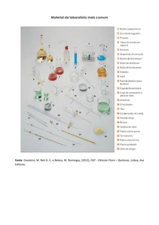 Material de laboratório mais comum




Fonte: Cavaleiro, M. Neli G. C. e Beleza, M. Domingas, (2012), FQ7 - Ciências Físico – Químicas, Lisboa, Asa
Editores
 