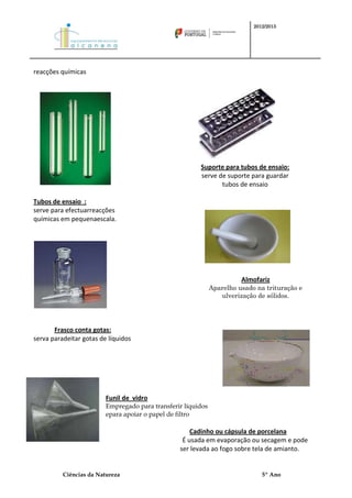 2012/2013




reacções químicas




                                                        Suporte para tubos de ensaio:
                                                        serve de suporte para guardar
                                                               tubos de ensaio

Tubos de ensaio :
serve para efectuarreacções
químicas em pequenaescala.




                                                                        Almofariz
                                                              Aparelho usado na trituração e
                                                                 ulverização de sólidos.




       Frasco conta gotas:
serva paradeitar gotas de líquidos




                         Funil de vidro
                         Empregado para transferir líquidos
                         epara apoiar o papel de filtro

                                                     Cadinho ou cápsula de porcelana
                                                  É usada em evaporação ou secagem e pode
                                                 ser levada ao fogo sobre tela de amianto.


          Ciências da Natureza                                                 5º Ano
 