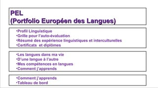 Prof. Denis Rodríguez (Master en Curriculum)
dionnisio@gmail.com
PELPEL
(Portfolio Européen des Langues)(Portfolio Européen des Langues)
•Profil Linguistique
•Grille pour l’auto-évaluation
•Résumé des expérience linguistiques et interculturelles
•Certificats et diplômes
•Les langues dans ma vie
•D’une langue à l’autre
•Mes compétences en langues
•Comment j’apprends
•Comment j’apprends
•Tableau de bord
 