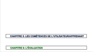 Prof. Denis Rodríguez (Master en Curriculum)
dionnisio@gmail.com
CHAPITRE 9: L’ÉVALUATIONCHAPITRE 9: L’ÉVALUATION
CHAPITRE 5: LES COMÉTENCES DE L’UTILISATEUR/APPRENANTCHAPITRE 5: LES COMÉTENCES DE L’UTILISATEUR/APPRENANT
 
