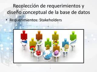 Recolección de requerimientos y
diseño conceptual de la base de datos
• Requerimientos: Stakeholders
 