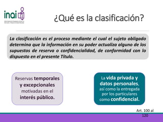 ¿Qué es la clasificación?
Art. 100 al
120
La clasificación es el proceso mediante el cual el sujeto obligado
determina que la información en su poder actualiza alguno de los
supuestos de reserva o confidencialidad, de conformidad con lo
dispuesto en el presente Título.
La vida privada y
datos personales,
así como la entregada
por los particulares
como confidencial.
Reservas temporales
y excepcionales
motivadas en el
interés público.
 