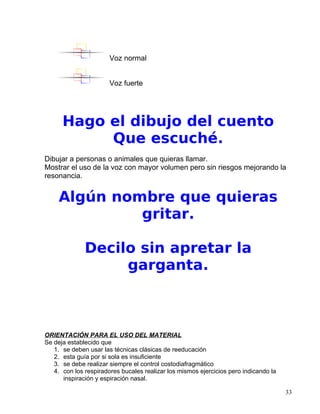 Voz normal
Voz fuerte
Hago el dibujo del cuento
Que escuché.
Dibujar a personas o animales que quieras llamar.
Mostrar el uso de la voz con mayor volumen pero sin riesgos mejorando la
resonancia.
Algún nombre que quieras
gritar.
Decilo sin apretar la
garganta.
ORIENTACIÓN PARA EL USO DEL MATERIAL
Se deja establecido que
1. se deben usar las técnicas clásicas de reeducación
2. esta guía por si sola es insuficiente
3. se debe realizar siempre el control costodiafragmático
4. con los respiradores bucales realizar los mismos ejercicios pero indicando la
inspiración y espiración nasal.
33
 