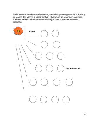 Se le piden al niño figuras de objetos, se distribuyen en grupo de 2, 3, etc. y
se le dice “las vamos a cantar juntos”. El ejercicio se realiza en salmodia.
Variante: se utilizan versos con sus dibujos para la ejercitación de la
salmodia.
PAUSA
CANTAR JUNTAS...
23
 