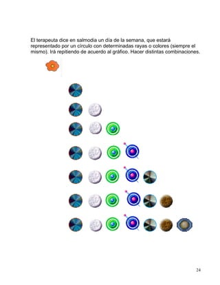 El terapeuta dice en salmodia un día de la semana, que estará
representado por un círculo con determinadas rayas o colores (siempre el
mismo). Irá repitiendo de acuerdo al gráfico. Hacer distintas combinaciones.
24
 