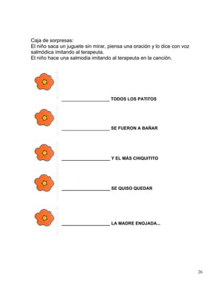 Caja de sorpresas:
El niño saca un juguete sin mirar, piensa una oración y lo dice con voz
salmódica imitando al terapeuta.
El niño hace una salmodia imitando al terapeuta en la canción.
_________________ TODOS LOS PATITOS
_________________ SE FUERON A BAÑAR
____________________ Y EL MÁS CHIQUITITO
____________________ SE QUISO QUEDAR
____________________ LA MADRE ENOJADA...
26
 