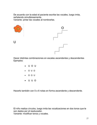 De acuerdo con la edad el paciente escribe las vocales, luego imita,
señalando simultáneamente.
Variante: pintar las vocales al nombrarlas.
O
U
Hacer distintas combinaciones en escalas ascendentes y descendentes
Ejemplos:
• U O U
• O U O
• O O U
• U U O
Hacerlo también con 5 o 6 notas en forma ascendente y descendente.
El niño realiza círculos, luego imita las vocalizaciones en dos tonos que le
son dados por el reeducador.
Variante: modificar tonos y vocales.
27
 