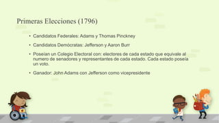 Primeras Elecciones (1796)
   • Candidatos Federales: Adams y Thomas Pinckney
   • Candidatos Demócratas: Jefferson y Aaron Burr
   • Poseían un Colegio Electoral con: electores de cada estado que equivale al
     numero de senadores y representantes de cada estado. Cada estado poseía
     un voto.
   • Ganador: John Adams con Jefferson como vicepresidente
 