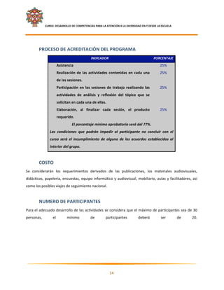     CURSO: DESARROLLO DE COMPETENCIAS PARA LA ATENCIÓN A LA DIVERSIDAD EN Y DESDE LA ESCUELA  
 

 
        PROCESO DE ACREDITACIÓN DEL PROGRAMA 
                                                 INDICADOR                                   PORCENTAJE 
                         Asistencia                                                              25% 
                         Realización  de  las  actividades  contenidas  en  cada  una            25% 
                         de las sesiones. 
                         Participación  en  las  sesiones  de  trabajo  realizando  las          25% 
                         actividades  de  análisis  y  reflexión  del  tópico  que  se 
                         solicitan en cada una de ellas. 
                         Elaboración,  al  finalizar  cada  sesión,  el  producto                25% 
                         requerido.  
                                   El porcentaje mínimo aprobatorio será del 77%. 
                    Las  condiciones  que  podrán  impedir  al  participante  no  concluir  con  el 
                    curso  será  el  incumplimiento  de  alguno  de  los  acuerdos  establecidos  al 
                    interior del grupo. 
 

        COSTO  
Se  considerarán  los  requerimientos  derivados  de  las  publicaciones,  los  materiales  audiovisuales, 
didácticos,  papelería,  encuestas,  equipo  informático  y  audiovisual,  mobiliario,  aulas  y  facilitadores,  así 
como los posibles viajes de seguimiento nacional. 
 

        NUMERO DE PARTICIPANTES 
Para el adecuado desarrollo de las actividades se considera que el máximo de participantes sea de 30 
personas,             el        mínimo           de        participantes          deberá          ser         de    20.




                                                                                                                       

                                                              14 

 
 