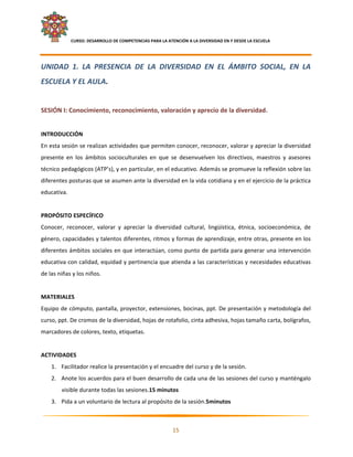     CURSO: DESARROLLO DE COMPETENCIAS PARA LA ATENCIÓN A LA DIVERSIDAD EN Y DESDE LA ESCUELA  
 

UNIDAD  1.  LA  PRESENCIA  DE  LA  DIVERSIDAD  EN  EL  ÁMBITO  SOCIAL,  EN  LA 
ESCUELA Y EL AULA. 
         
SESIÓN I: Conocimiento, reconocimiento, valoración y aprecio de la diversidad. 
 
INTRODUCCIÓN 
En esta sesión se realizan actividades que permiten conocer, reconocer, valorar y apreciar la diversidad 
presente  en  los  ámbitos  socioculturales  en  que  se  desenvuelven  los  directivos,  maestros  y  asesores 
técnico pedagógicos (ATP’s), y en particular, en el educativo. Además se promueve la reflexión sobre las 
diferentes posturas que se asumen ante la diversidad en la vida cotidiana y en el ejercicio de la práctica 
educativa. 
 
PROPÓSITO ESPECÍFICO 
Conocer,  reconocer,  valorar  y  apreciar  la  diversidad  cultural,  lingüística,  étnica,  socioeconómica,  de 
género, capacidades y talentos diferentes, ritmos y formas de aprendizaje, entre otras, presente en los 
diferentes ámbitos sociales en que interactúan, como punto de partida para generar una intervención 
educativa con calidad, equidad y pertinencia que atienda a las características y necesidades educativas 
de las niñas y los niños. 
 
MATERIALES 
Equipo de cómputo, pantalla, proyector, extensiones, bocinas, ppt. De presentación y metodología del 
curso, ppt. De cromos de la diversidad, hojas de rotafolio, cinta adhesiva, hojas tamaño carta, bolígrafos, 
marcadores de colores, texto, etiquetas. 
 
ACTIVIDADES 
    1. Facilitador realice la presentación y el encuadre del curso y de la sesión.  
    2. Anote los acuerdos para el buen desarrollo de cada una de las sesiones del curso y manténgalo 
        visible durante todas las sesiones.15 minutos 
    3. Pida a un voluntario de lectura al propósito de la sesión.5minutos 

                                                                                                                  

                                                             15 

 
 
