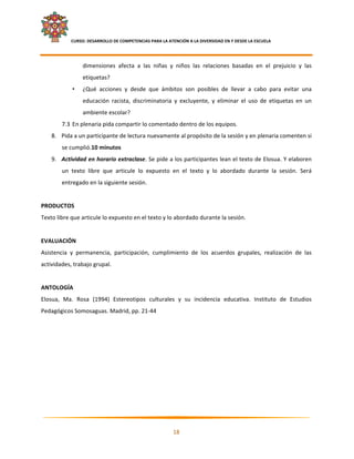     CURSO: DESARROLLO DE COMPETENCIAS PARA LA ATENCIÓN A LA DIVERSIDAD EN Y DESDE LA ESCUELA  
 

                    dimensiones  afecta  a  las  niñas  y  niños  las  relaciones  basadas  en  el  prejuicio  y  las 
                    etiquetas? 
               •    ¿Qué  acciones  y  desde  que  ámbitos  son  posibles  de  llevar  a  cabo  para  evitar  una 
                    educación  racista,  discriminatoria  y  excluyente,  y  eliminar  el  uso  de  etiquetas  en  un 
                    ambiente escolar? 
        7.3 En plenaria pida compartir lo comentado dentro de los equipos. 
    8. Pida a un participante de lectura nuevamente al propósito de la sesión y en plenaria comenten si 
        se cumplió.10 minutos 
    9. Actividad en horario extraclase. Se pide a los participantes lean el texto de Elosua. Y elaboren 
        un  texto  libre  que  articule  lo  expuesto  en  el  texto  y  lo  abordado  durante  la  sesión.  Será 
        entregado en la siguiente sesión. 
 
PRODUCTOS 
Texto libre que articule lo expuesto en el texto y lo abordado durante la sesión. 
 
EVALUACIÓN 
Asistencia  y  permanencia,  participación,  cumplimiento  de  los  acuerdos  grupales,  realización  de  las 
actividades, trabajo grupal. 
 
ANTOLOGÍA  
Elosua,  Ma.  Rosa  (1994)  Estereotipos  culturales  y  su  incidencia  educativa.  Instituto  de  Estudios 
Pedagógicos Somosaguas. Madrid, pp. 21‐44 
 




                                                                                                                      

                                                            18 

 
 