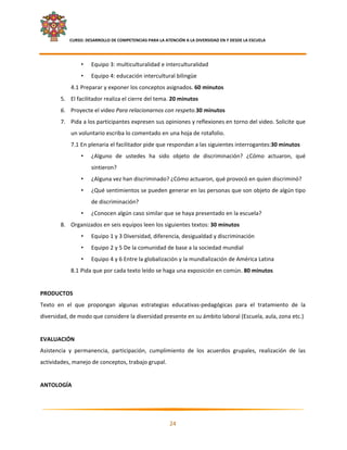    CURSO: DESARROLLO DE COMPETENCIAS PARA LA ATENCIÓN A LA DIVERSIDAD EN Y DESDE LA ESCUELA  
 

                    •   Equipo 3: multiculturalidad e interculturalidad 
                    •   Equipo 4: educación intercultural bilingüe 
               4.1 Preparar y exponer los conceptos asignados. 60 minutos 
        5. El facilitador realiza el cierre del tema. 20 minutos 
        6. Proyecte el video Para relacionarnos con respeto.30 minutos 
        7. Pida a los participantes expresen sus opiniones y reflexiones en torno del video. Solicite que 
               un voluntario escriba lo comentado en una hoja de rotafolio. 
               7.1 En plenaria el facilitador pide que respondan a las siguientes interrogantes:30 minutos 
                    •   ¿Alguno  de  ustedes  ha  sido  objeto  de  discriminación?  ¿Cómo  actuaron,  qué 
                        sintieron? 
                    •   ¿Alguna vez han discriminado? ¿Cómo actuaron, qué provocó en quien discriminó? 
                    •   ¿Qué sentimientos se pueden generar en las personas que son objeto de algún tipo 
                        de discriminación? 
                    •   ¿Conocen algún caso similar que se haya presentado en la escuela? 
        8. Organizados en seis equipos leen los siguientes textos: 30 minutos 
                    •   Equipo 1 y 3 Diversidad, diferencia, desigualdad y discriminación 
                    •   Equipo 2 y 5 De la comunidad de base a la sociedad mundial 
                    •   Equipo 4 y 6 Entre la globalización y la mundialización de América Latina 
               8.1 Pida que por cada texto leído se haga una exposición en común. 80 minutos 
 
PRODUCTOS  
Texto  en  el  que  propongan  algunas  estrategias  educativas‐pedagógicas  para  el  tratamiento  de  la 
diversidad, de modo que considere la diversidad presente en su ámbito laboral (Escuela, aula, zona etc.) 
 
EVALUACIÓN 
Asistencia  y  permanencia,  participación,  cumplimiento  de  los  acuerdos  grupales,  realización  de  las 
actividades, manejo de conceptos, trabajo grupal. 
 
ANTOLOGÍA 



                                                                                                               

                                                            24 

 
 