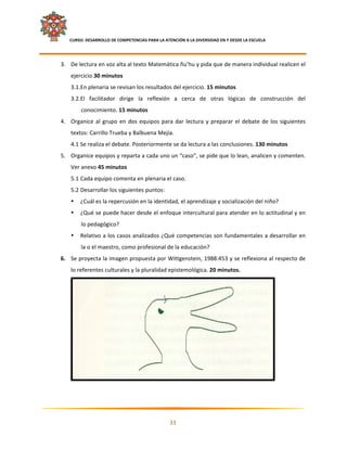     CURSO: DESARROLLO DE COMPETENCIAS PARA LA ATENCIÓN A LA DIVERSIDAD EN Y DESDE LA ESCUELA  
 

    3. De lectura en voz alta al texto Matemática ñu’hu y pida que de manera individual realicen el 
          ejercicio.30 minutos 
          3.1.En plenaria se revisan los resultados del ejercicio. 15 minutos 
          3.2.El  facilitador  dirige  la  reflexión  a  cerca  de  otras  lógicas  de  construcción  del 
               conocimiento. 15 minutos 
    4. Organice  al  grupo  en  dos  equipos  para  dar  lectura  y  preparar  el  debate  de  los  siguientes 
          textos: Carrillo Trueba y Balbuena Mejía.  
          4.1 Se realiza el debate. Posteriormente se da lectura a las conclusiones. 130 minutos 
    5. Organice equipos y reparta a cada uno un “caso”, se pide que lo lean, analicen y comenten. 
          Ver anexo 45 minutos 
          5.1 Cada equipo comenta en plenaria el caso. 
          5.2 Desarrollar los siguientes puntos: 
          •   ¿Cuál es la repercusión en la identidad, el aprendizaje y socialización del niño?  
          •   ¿Qué se puede hacer desde el enfoque intercultural para atender en lo actitudinal y en 
               lo pedagógico?  
          •   Relativo a los casos analizados ¿Qué competencias son fundamentales a desarrollar en 
               la o el maestro, como profesional de la educación? 
    6. Se proyecta la imagen propuesta por Wittgenstein, 1988:453 y se reflexiona al respecto de 
          lo referentes culturales y la pluralidad epistemológica. 20 minutos. 




                                                                                                        
 


                                                                                                               

                                                       33 

 
 