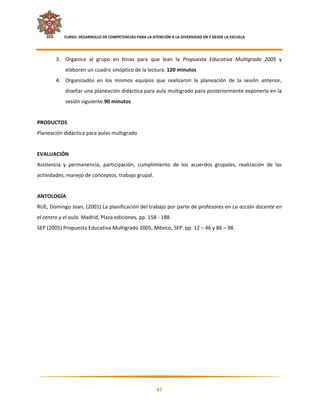     CURSO: DESARROLLO DE COMPETENCIAS PARA LA ATENCIÓN A LA DIVERSIDAD EN Y DESDE LA ESCUELA  
 

        3. Organice  al  grupo  en  binas  para  que  lean  la  Propuesta  Educativa  Multigrado  2005  y 
               elaboren un cuadro sinóptico de la lectura. 120 minutos 
        4. Organizados  en  los  mismos  equipos  que  realizaron  la  planeación  de  la  sesión  anterior, 
               diseñar una planeación didáctica para aula multigrado para posteriormente exponerla en la 
               sesión siguiente.90 minutos 
 
PRODUCTOS 
Planeación didáctica para aulas multigrado 
 
EVALUACIÓN 
Asistencia  y  permanencia,  participación,  cumplimiento  de  los  acuerdos  grupales,  realización  de  las 
actividades, manejo de conceptos, trabajo grupal. 
 
ANTOLOGÍA 
RUE, Domingo Joan, (2001) La planificación del trabajo por parte de profesores en La acción docente en 
el centro y el aula. Madrid, Plaza ediciones, pp. 158 ‐ 188. 
SEP (2005) Propuesta Educativa Multigrado 2005, México, SEP. pp. 12 – 46 y 86 – 98.  
 




                                                                                                              

                                                            47 

 
 