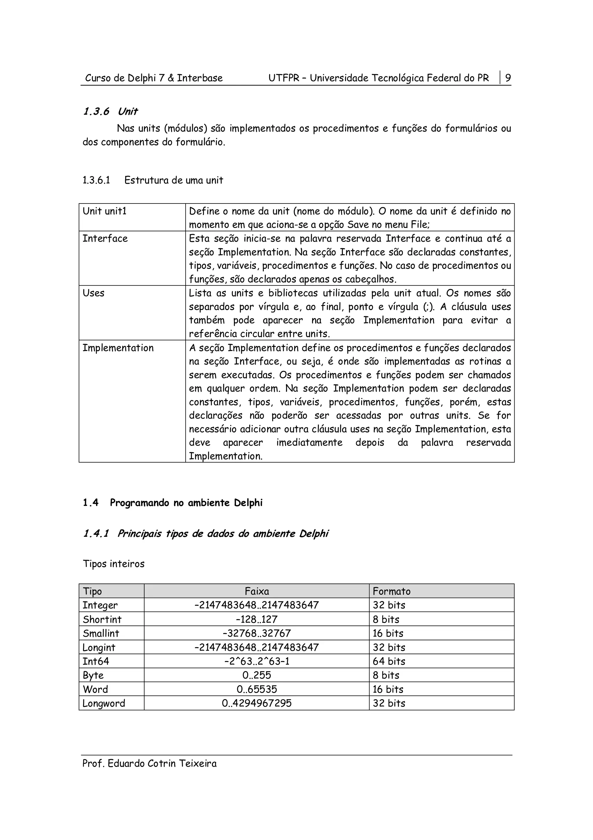 Curso de Delphi 7 & Interbase              UTFPR – Universidade Tecnológica Federal do PR     9


1.3.6 Unit
       Nas units (módulos) são implementados os procedimentos e funções do formulários ou
dos componentes do formulário.


1.3.6.1     Estrutura de uma unit


Unit unit1               Define o nome da unit (nome do módulo). O nome da unit é definido no
                         momento em que aciona-se a opção Save no menu File;
Interface                Esta seção inicia-se na palavra reservada Interface e continua até a
                         seção Implementation. Na seção Interface são declaradas constantes,
                         tipos, variáveis, procedimentos e funções. No caso de procedimentos ou
                         funções, são declarados apenas os cabeçalhos.
Uses                     Lista as units e bibliotecas utilizadas pela unit atual. Os nomes são
                         separados por vírgula e, ao final, ponto e vírgula (;). A cláusula uses
                         também pode aparecer na seção Implementation para evitar a
                         referência circular entre units.
Implementation           A seção Implementation define os procedimentos e funções declarados
                         na seção Interface, ou seja, é onde são implementadas as rotinas a
                         serem executadas. Os procedimentos e funções podem ser chamados
                         em qualquer ordem. Na seção Implementation podem ser declaradas
                         constantes, tipos, variáveis, procedimentos, funções, porém, estas
                         declarações não poderão ser acessadas por outras units. Se for
                         necessário adicionar outra cláusula uses na seção Implementation, esta
                         deve aparecer imediatamente depois da palavra reservada
                         Implementation.



1.4       Programando no ambiente Delphi


1.4.1 Principais tipos de dados do ambiente Delphi

Tipos inteiros

Tipo                                 Faixa                       Formato
Integer                   –2147483648..2147483647                32 bits
Shortint                           –128..127                     8 bits
Smallint                       –32768..32767                     16 bits
Longint                   –2147483648..2147483647                32 bits
Int64                           –2^63..2^63–1                    64 bits
Byte                                0..255                       8 bits
Word                               0..65535                      16 bits
Longword                       0..4294967295                     32 bits




Prof. Eduardo Cotrin Teixeira
 