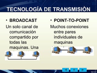 TECNOLOGÍA DE TRANSMISIÒN
• BROADCAST
Un solo canal de
comunicación
compartido por
todas las
maquinas. Una
información
• POINT-TO-POINT
Muchos conexiones
entre pares
individuales de
maquinas
 