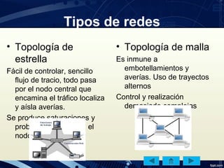 Tipos de redes
• Topología de
estrella
Fácil de controlar, sencillo
flujo de tracio, todo pasa
por el nodo central que
encamina el tráfico localiza
y aísla averías.
Se produce saturaciones y
problemas si se daña el
nodo.
• Topología de malla
Es inmune a
embotellamientos y
averías. Uso de trayectos
alternos
Control y realización
demasiado complejas
 