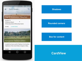 USEFUL Links 
Shadows 
Rounded corners 
Box for content 
CardView 
 