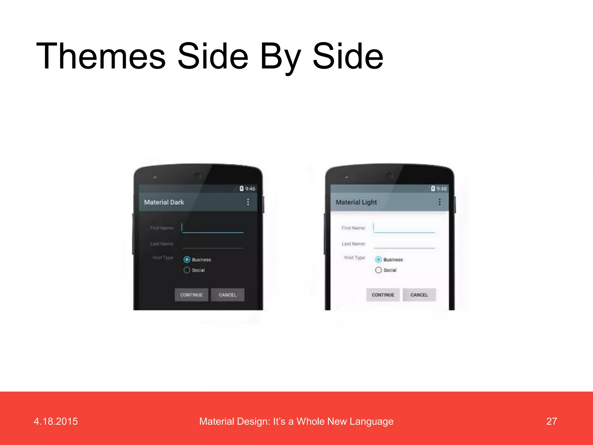 4.18.2015 27Material Design: It’s a Whole New Language
Themes Side By Side
 