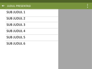 JUDUL PRESENTASI
SUB JUDUL 1
SUB JUDUL 2
SUB JUDUL 3
SUB JUDUL 4
SUB JUDUL 5
SUB JUDUL 6
 