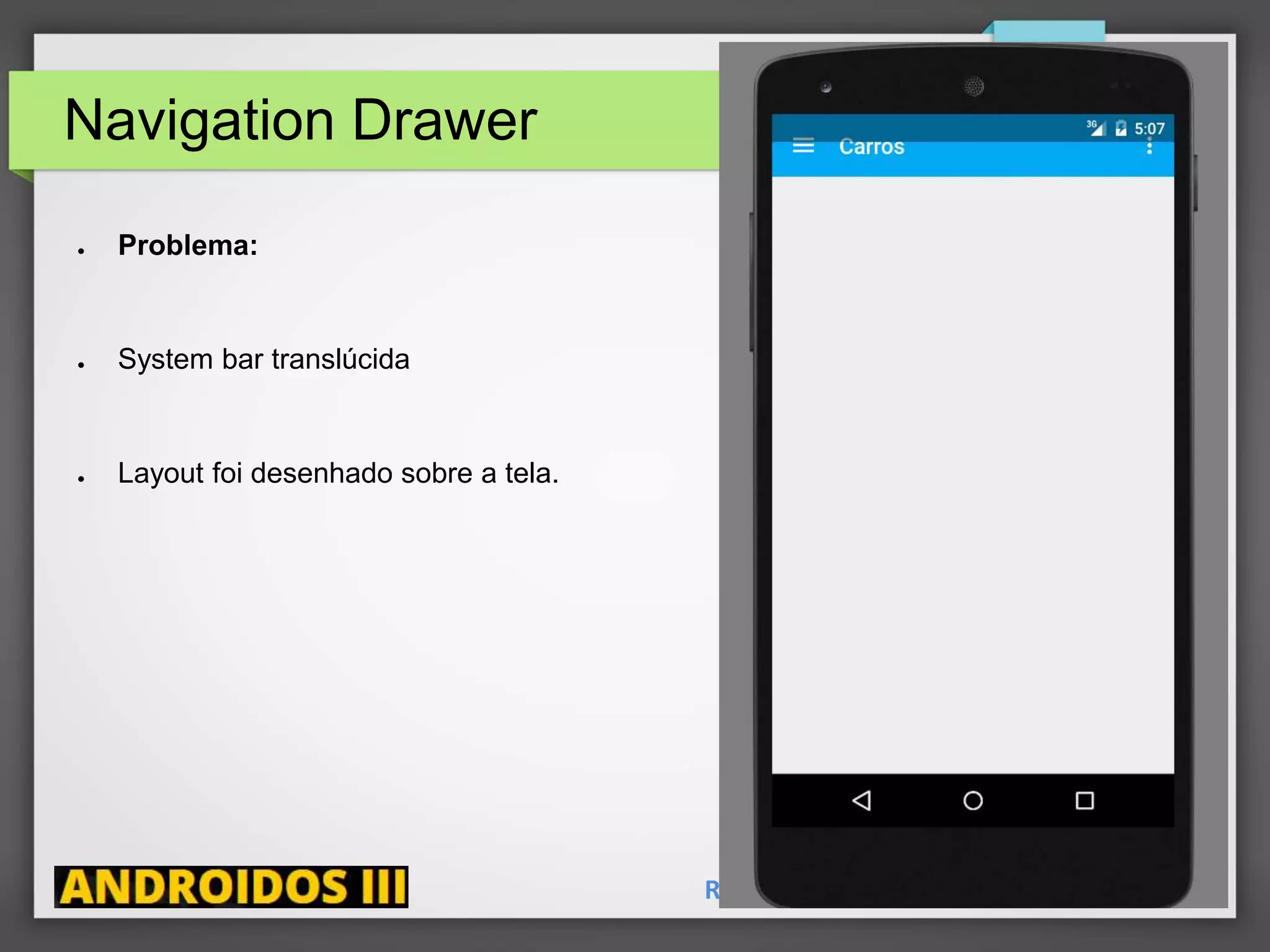 Navigation Drawer
● Problema:
● System bar translúcida
● Layout foi desenhado sobre a tela.
Ricardo Lecheta - http://androidosday.com
 
