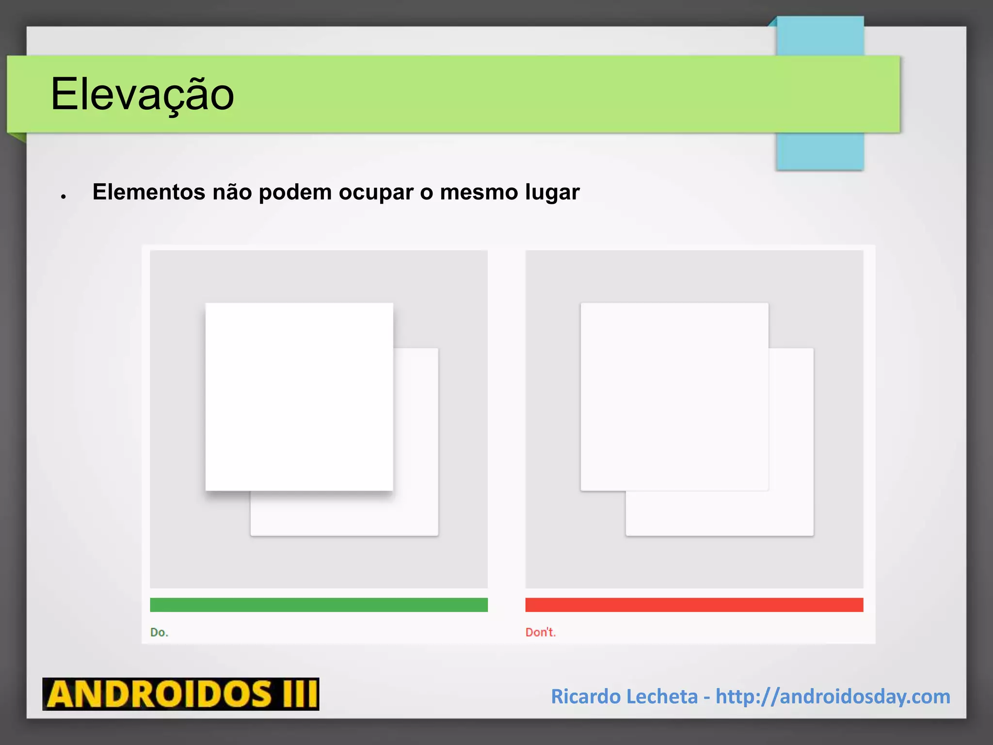 Elevação
Ricardo Lecheta - http://androidosday.com
● Elementos não podem ocupar o mesmo lugar
 