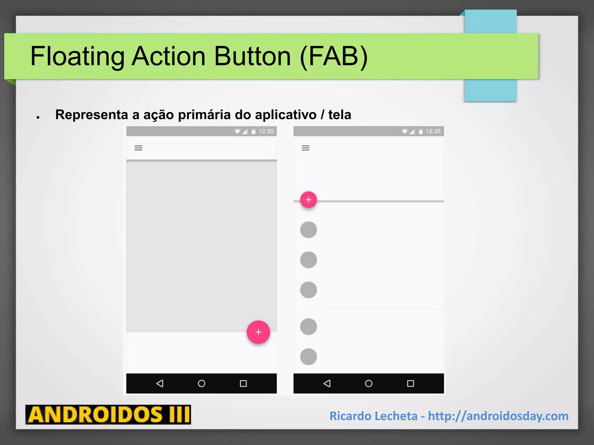 Floating Action Button (FAB)
● Representa a ação primária do aplicativo / tela
Ricardo Lecheta - http://androidosday.com
 