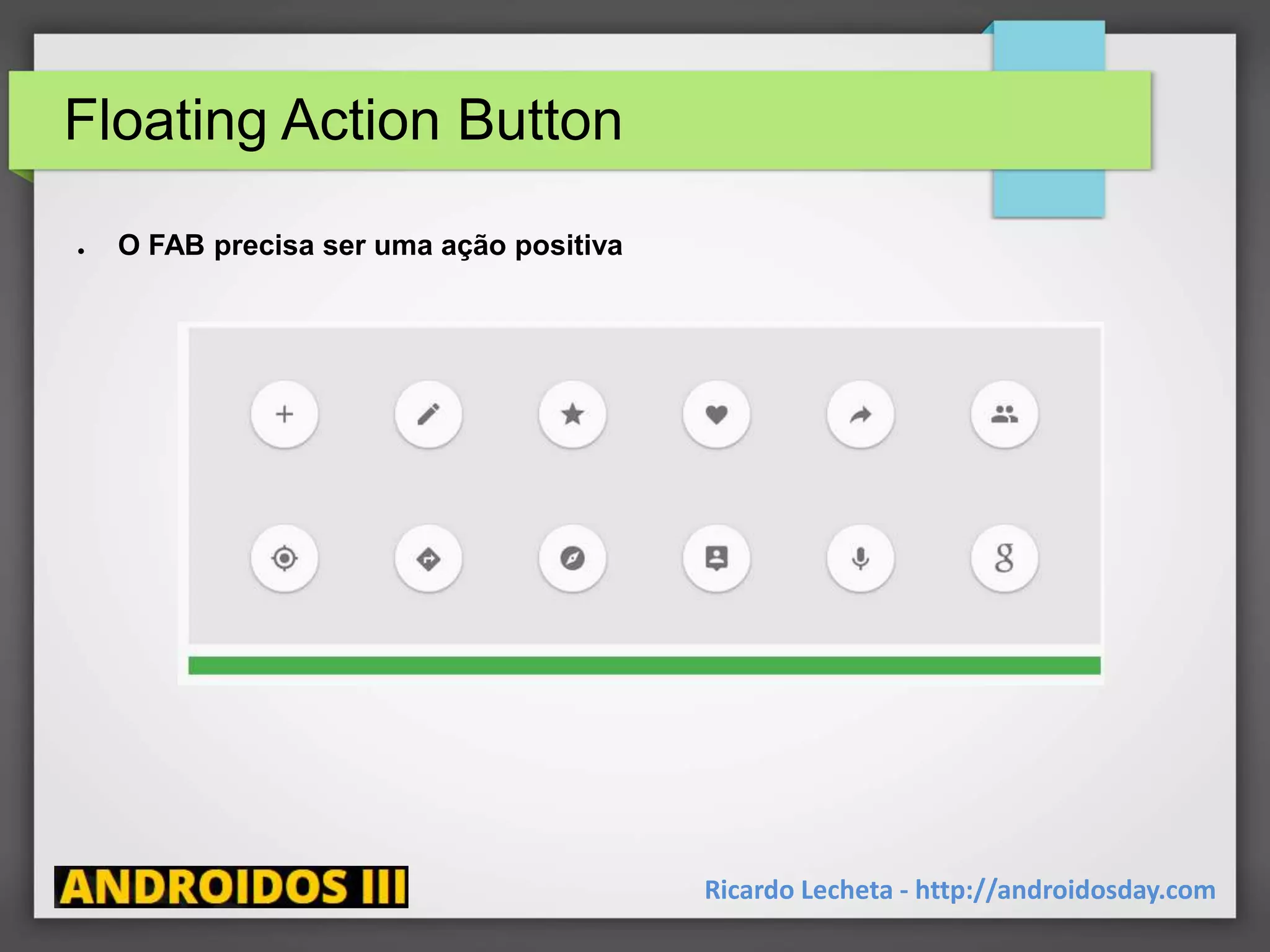 Floating Action Button
● O FAB precisa ser uma ação positiva
Ricardo Lecheta - http://androidosday.com
 