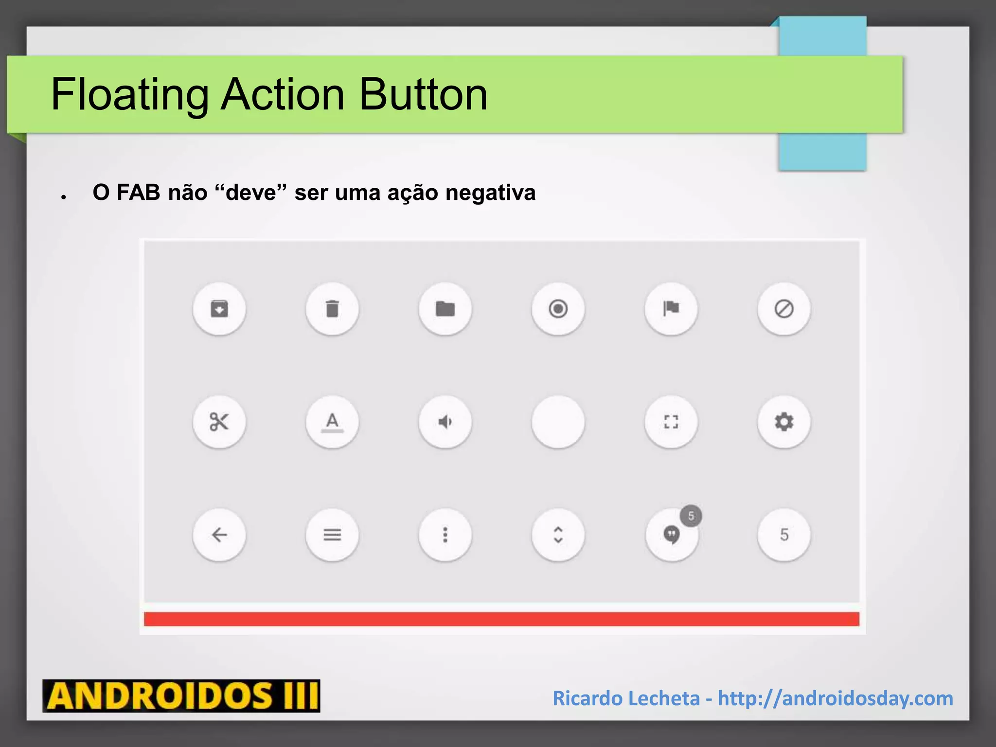 Floating Action Button
● O FAB não “deve” ser uma ação negativa
Ricardo Lecheta - http://androidosday.com
 