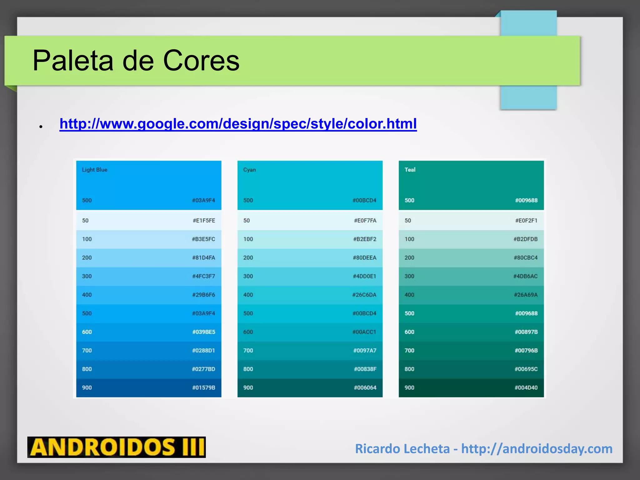 Paleta de Cores
Ricardo Lecheta - http://androidosday.com
● http://www.google.com/design/spec/style/color.html
 