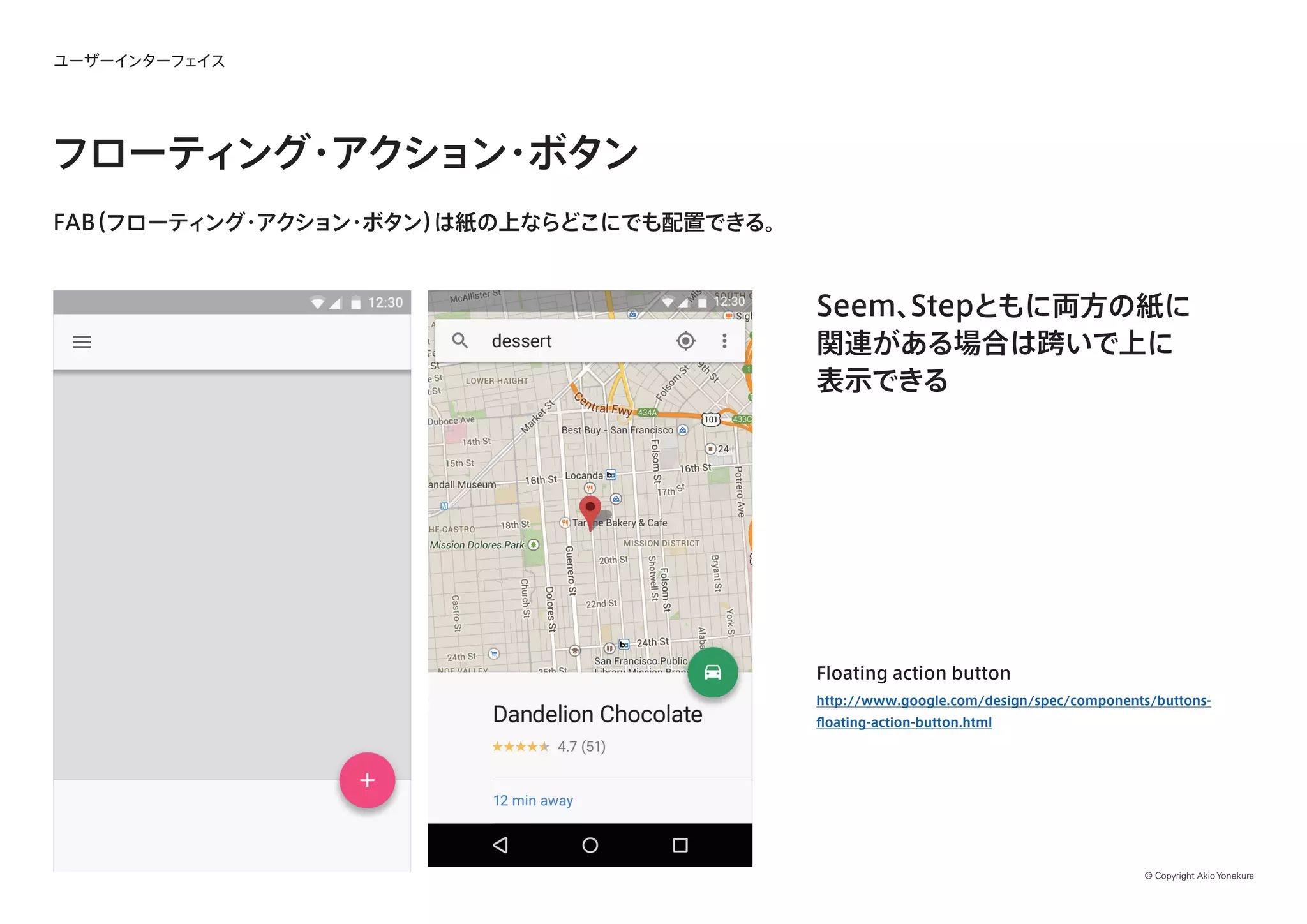 © Copyright Akio Yonekura
ユーザーインターフェイス
フローティング・アクション・ボタン
FAB（フローティング・アクション・ボタン）は紙の上ならどこにでも配置できる。
Seem、Stepともに両方の紙に
関連がある場合は跨いで上に
表示できる
Floating action button
http://www.google.com/design/spec/components/buttons-
floating-action-button.html
 