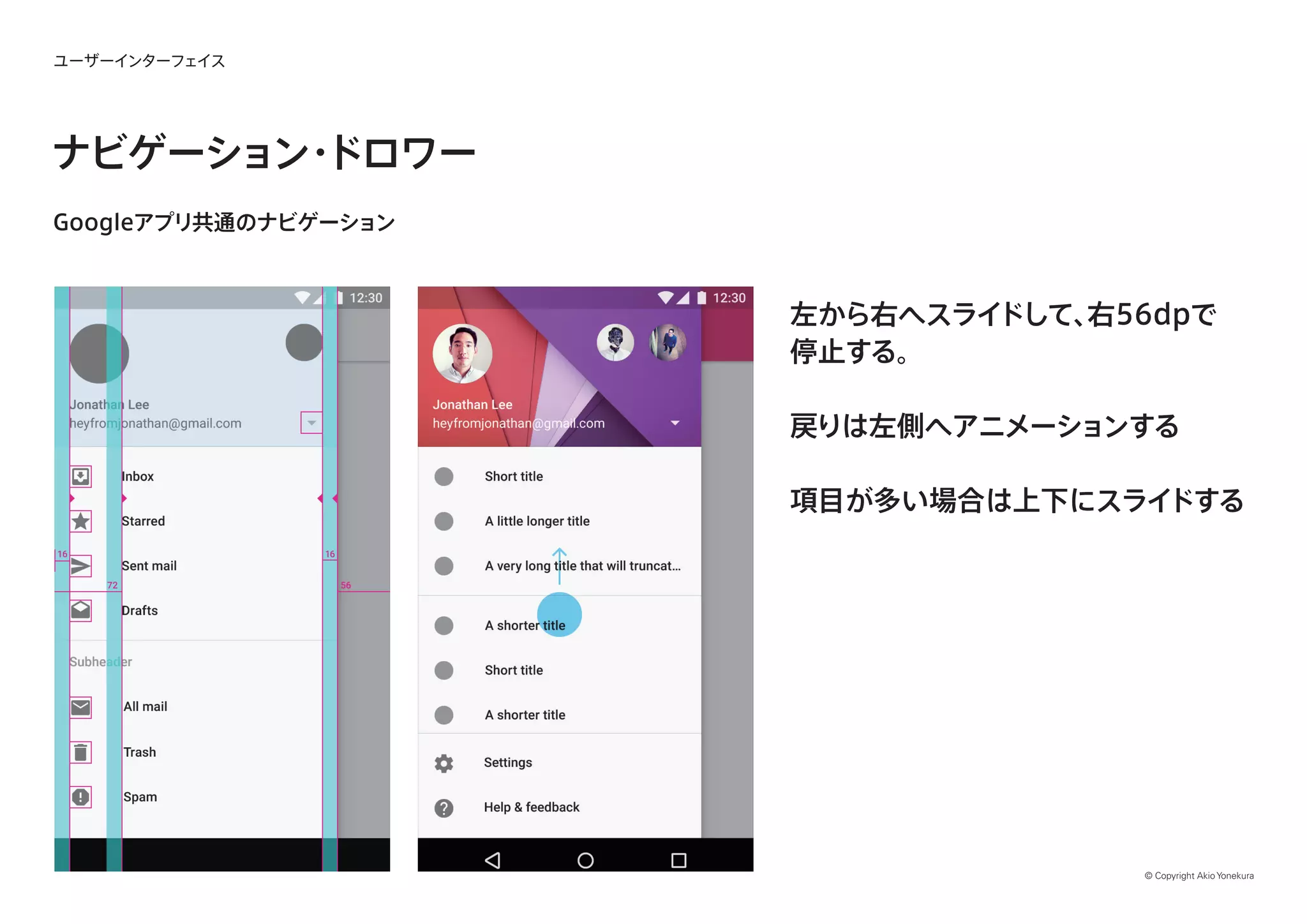 © Copyright Akio Yonekura
ユーザーインターフェイス
ナビゲーション・ドロワー
Googleアプリ共通のナビゲーション
左から右へスライドして、右56dpで
停止する。
戻りは左側へアニメーションする
項目が多い場合は上下にスライドする
 