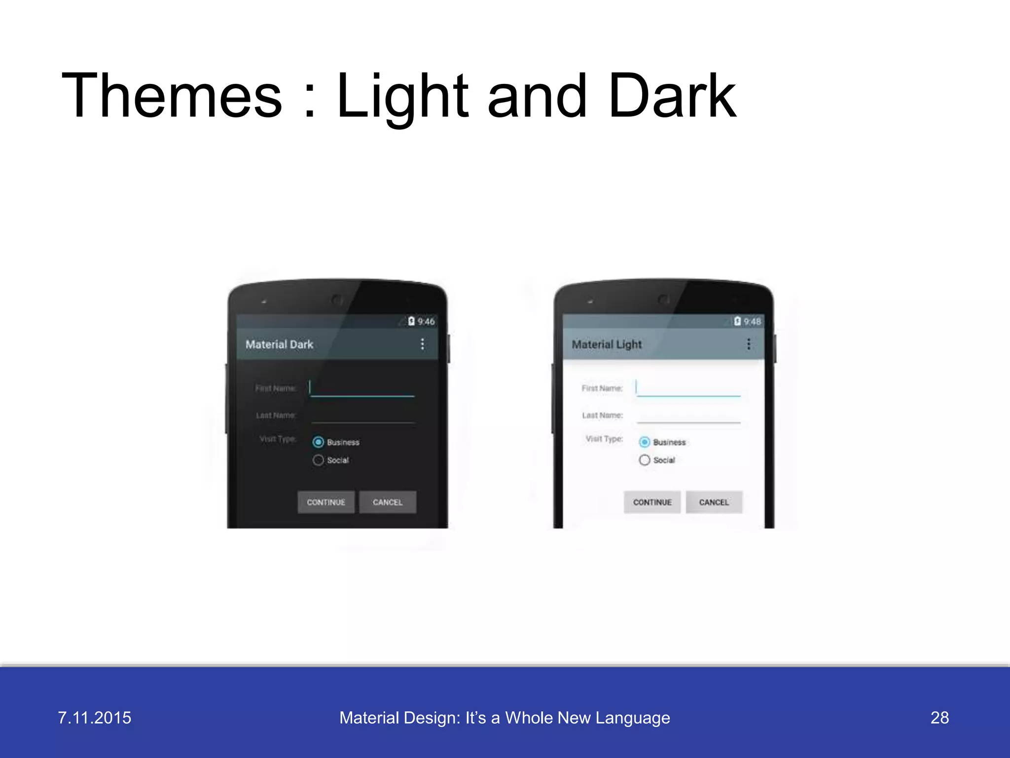 7.11.2015 28Material Design: It’s a Whole New Language
Themes : Light and Dark
 