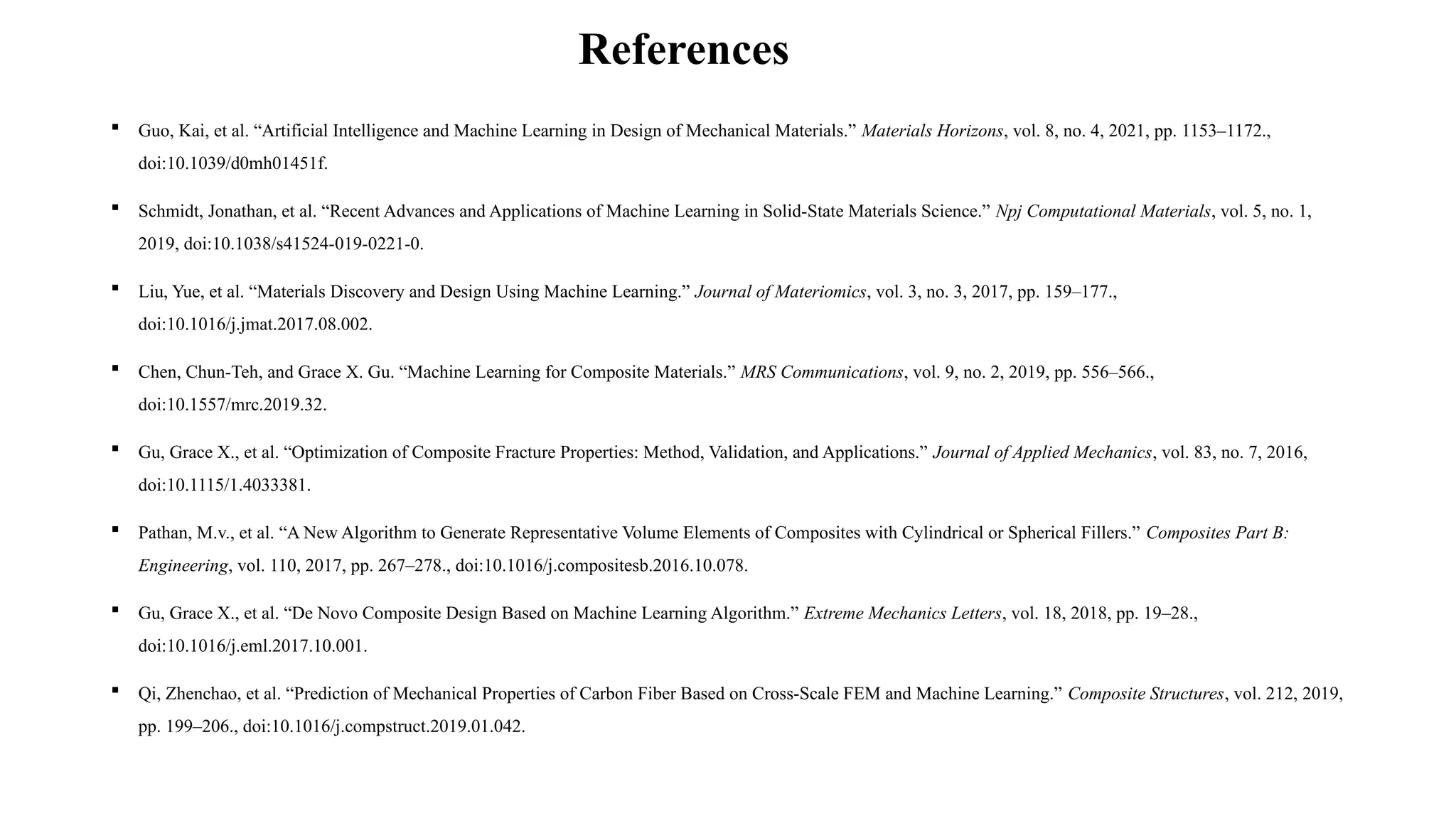 References
 Guo, Kai, et al. “Artificial Intelligence and Machine Learning in Design of Mechanical Materials.” Materials Horizons, vol. 8, no. 4, 2021, pp. 1153–1172.,
doi:10.1039/d0mh01451f.
 Schmidt, Jonathan, et al. “Recent Advances and Applications of Machine Learning in Solid-State Materials Science.” Npj Computational Materials, vol. 5, no. 1,
2019, doi:10.1038/s41524-019-0221-0.
 Liu, Yue, et al. “Materials Discovery and Design Using Machine Learning.” Journal of Materiomics, vol. 3, no. 3, 2017, pp. 159–177.,
doi:10.1016/j.jmat.2017.08.002.
 Chen, Chun-Teh, and Grace X. Gu. “Machine Learning for Composite Materials.” MRS Communications, vol. 9, no. 2, 2019, pp. 556–566.,
doi:10.1557/mrc.2019.32.
 Gu, Grace X., et al. “Optimization of Composite Fracture Properties: Method, Validation, and Applications.” Journal of Applied Mechanics, vol. 83, no. 7, 2016,
doi:10.1115/1.4033381.
 Pathan, M.v., et al. “A New Algorithm to Generate Representative Volume Elements of Composites with Cylindrical or Spherical Fillers.” Composites Part B:
Engineering, vol. 110, 2017, pp. 267–278., doi:10.1016/j.compositesb.2016.10.078.
 Gu, Grace X., et al. “De Novo Composite Design Based on Machine Learning Algorithm.” Extreme Mechanics Letters, vol. 18, 2018, pp. 19–28.,
doi:10.1016/j.eml.2017.10.001.
 Qi, Zhenchao, et al. “Prediction of Mechanical Properties of Carbon Fiber Based on Cross-Scale FEM and Machine Learning.” Composite Structures, vol. 212, 2019,
pp. 199–206., doi:10.1016/j.compstruct.2019.01.042.
 