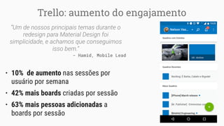 Trello: aumento do engajamento
“Um de nossos principais temas durante o
redesign para Material Design foi
simplicidade, e achamos que conseguimos
isso bem.”
- Hamid, Mobile Lead
• 10% de aumento nas sessões por
usuário por semana
• 42% mais boards criadas por sessão
• 63% mais pessoas adicionadas a
boards por sessão
 