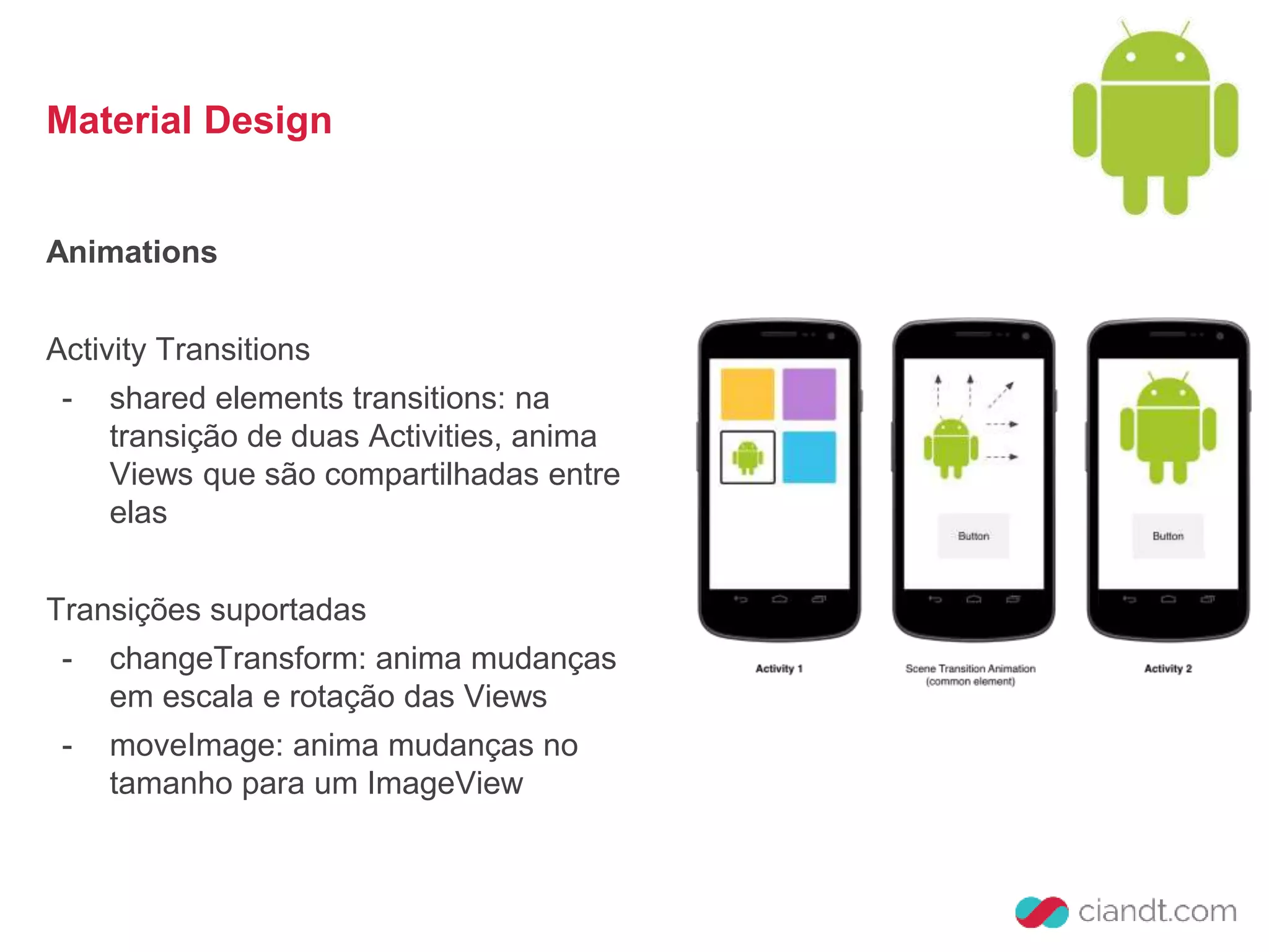 Material Design 
Animations 
Activity Transitions 
- shared elements transitions: na 
transição de duas Activities, anima 
Views que são compartilhadas entre 
elas 
Transições suportadas 
- changeTransform: anima mudanças 
em escala e rotação das Views 
- moveImage: anima mudanças no 
tamanho para um ImageView 
 