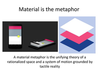 Material is the metaphor
A material metaphor is the unifying theory of a
rationalized space and a system of motion grounded by
tactile reality
 