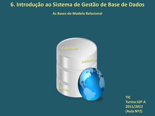6. Introdução ao Sistema de Gestão de Base de Dados
                As Bases do Modelo Relacional




                     Entidades




                                                TIC
                                                Turma:10º A
                                                2011/2012
                                                (Aula Nº2)
 