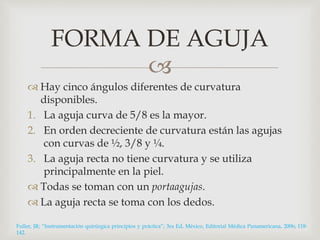 FORMA DE AGUJA 
 
 Hay cinco ángulos diferentes de curvatura 
disponibles. 
1. La aguja curva de 5/8 es la mayor. 
2. En orden decreciente de curvatura están las agujas 
con curvas de ½, 3/8 y ¼. 
3. La aguja recta no tiene curvatura y se utiliza 
principalmente en la piel. 
 Todas se toman con un portaagujas. 
 La aguja recta se toma con los dedos. 
Fuller, JR; “Instrumentación quirúrgica principios y práctica”; 3ra Ed, México, Editorial Médica Panamericana, 2006; 118- 
142. 
 