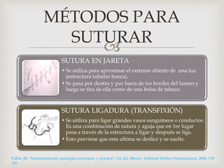 MÉTODOS PARA 
SUTURAR 
 
SUTURA EN JARETA 
• Se utiliza para aproximar el extremo abierto de una luz 
(estructura tubular hueca). 
• Se pasa por dentro y por fuera de los bordes del lumen y 
luego se tira de ella como de una bolsa de tabaco. 
SUTURA LIGADURA (TRANSFIXIÓN) 
• Se utiliza para ligar grandes vasos sanguíneos o conductos. 
Es una combinación de sutura y aguja que en 1er lugar 
pasa a través de la estructura a ligar y después se liga. 
• Esto previene que esta ultima se deslice y se suelte. 
Fuller, JR; “Instrumentación quirúrgica principios y práctica”; 3ra Ed, México, Editorial Médica Panamericana, 2006; 118- 
142. 
 
