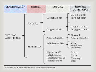 CLASIFICACIÓN ORIGEN SUTURA NOMBRE 
COMERCIAL 
SUTURAS 
ABSORBIBLES 
ANIMAL 
SINTÉTICO 
Catgut Simple 
Catgut crómico 
Acido poliglicólico 
Poliglactina 910 
Glycomer 631 
Poligliconato 
Poliglecaprone 25 
Polidioxanona 
Catgut simple 
Surgigut plain 
Catgut crómico 
Surgigut crómico 
Dexon II 
Acido poliglicolico 
Vicryl 
Vicryl Rapide 
(recubierto) 
Biosyn 
Maxon 
Monocryl 
PDS 
CUADRO 7-1. Clasificación de material de sutura absorbible. 
 