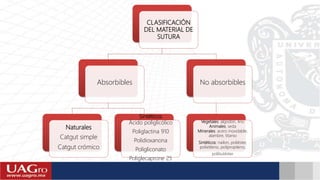 CLASIFICACIÓN
DEL MATERIAL DE
SUTURA
Absorbibles
Naturales
Catgut simple
Catgut crómico
Sintéticos
Ácido poliglicólico
Poliglactina 910
Polidioxanona
Poligliconato
Poliglecaprone 25
No absorbibles
Vegetales: algodón, lino
Animales: seda
Minerales: acero inoxidable,
alambre, titanio
Sintéticos: nailon, poliéster,
polietileno, polipropileno,
polibutéster
 