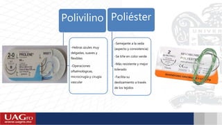 Polivilino
-Hebras azules muy
delgadas, suaves y
flexibles
-Operaciones
oftalmológicas,
microcirugía y cirugía
vascular
Poliéster
-Semejante a la seda
(aspecto y consistencia)
-Se tiñe en color verde
-Más resistente y mejor
tolerado
-Facilita su
deslizamiento a través
de los tejidos
 